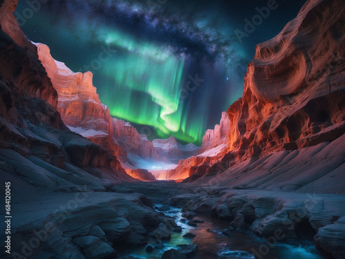 Illuminated Mountain Landscape with Aurora Polaris and Starry Sky, generative ai.