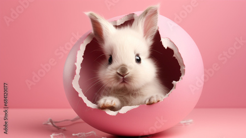 cute little rabbit in an eggshell on a pink background. Easter holiday concept. Generative AI © Anna