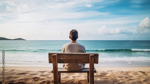Tired young man sit to the old wooden bench on the sea coast.