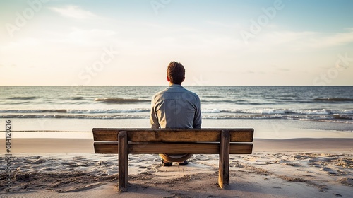 Tired young man sit to the old wooden bench on the sea coast.