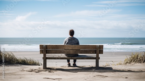 Tired young man sit to the old wooden bench on the sea coast.