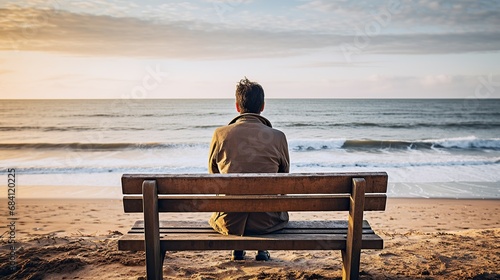 Tired young man sit to the old wooden bench on the sea coast.