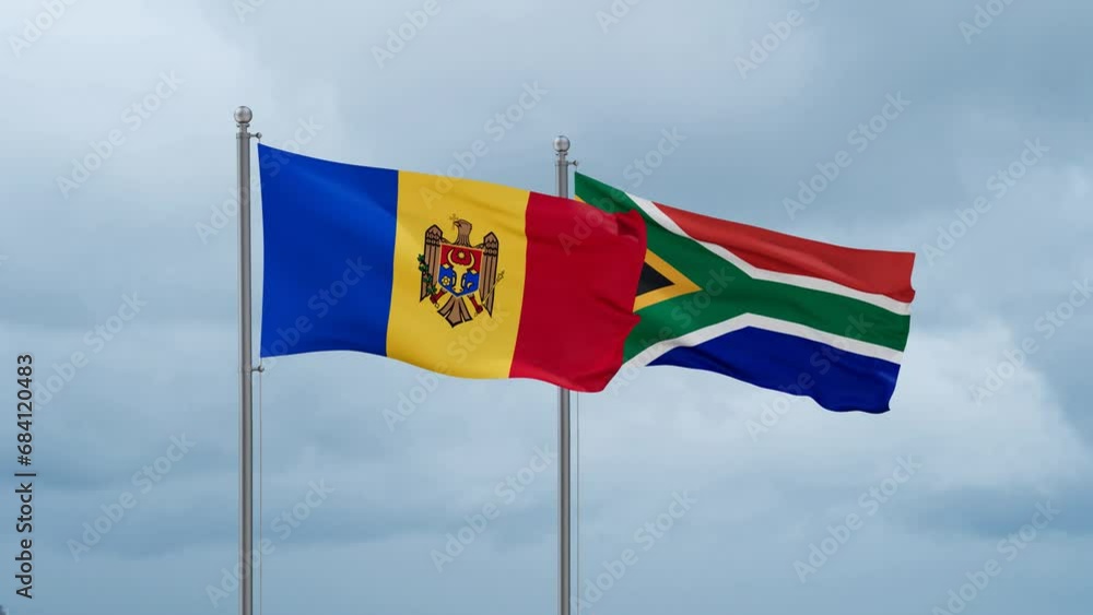 Republic of South Africa and Moldova flag waving together on cloudy sky, endless seamless loop, two country cooperation concept Republic of South Africa and Moldova flag waving together on cloudy sky, endless seamless loop, two country cooperation concept