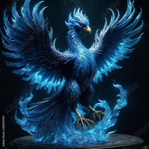 a blue fire bird flying through the air, blue phoenix bird. ai generative