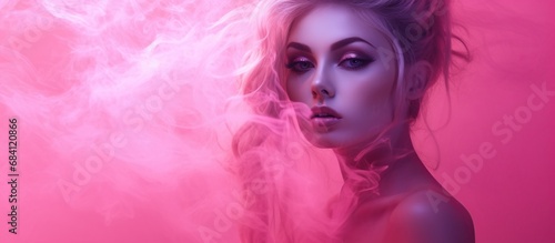 Portrait beautiful woman isolated pink smoke background. AI generated image