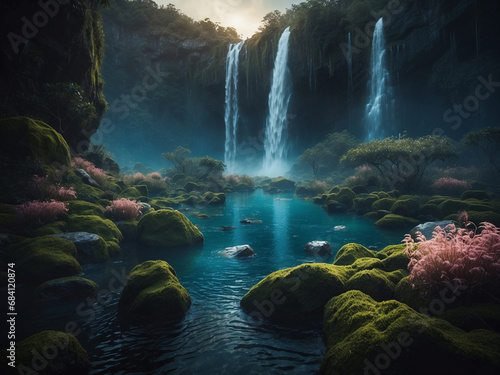 magical water falls - fantasy landscape, generative ai.
