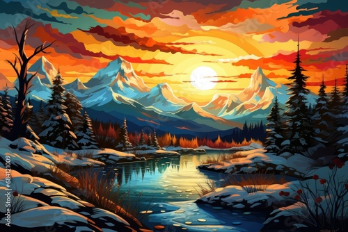 Winter Sunrise over Mountains - Generative AI