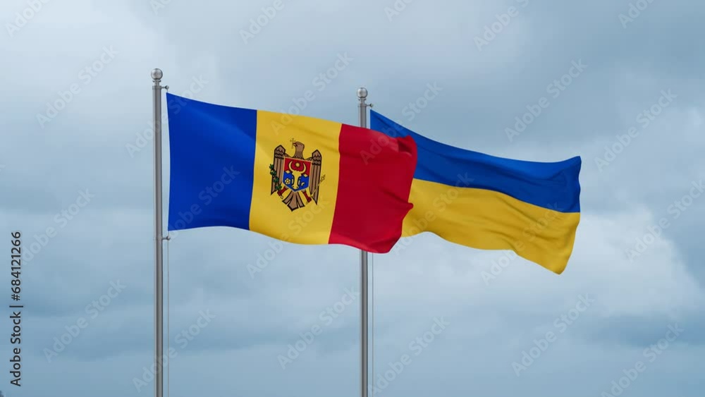 Ukraine and Moldova flag waving together on cloudy sky, endless seamless loop, two country cooperation concept Ukraine and Moldova flag waving together on cloudy sky, endless seamless loop, two country cooperation concept