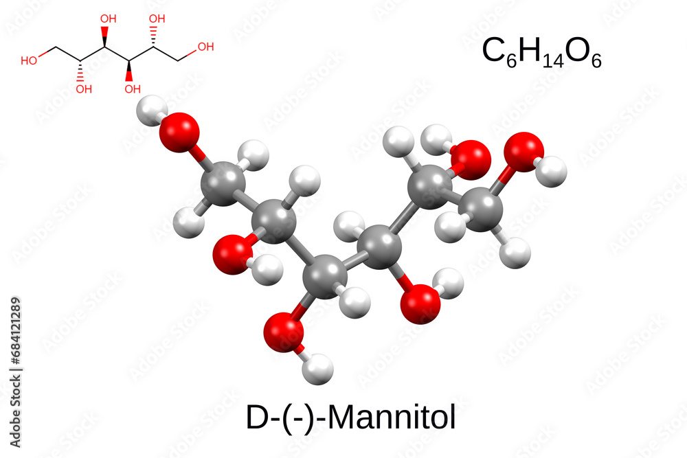 Chemical formula, skeletal formula, and 3D ball-and-stick model of mannitol Chemical formula, skeletal formula, and 3D ball-and-stick model of mannitol