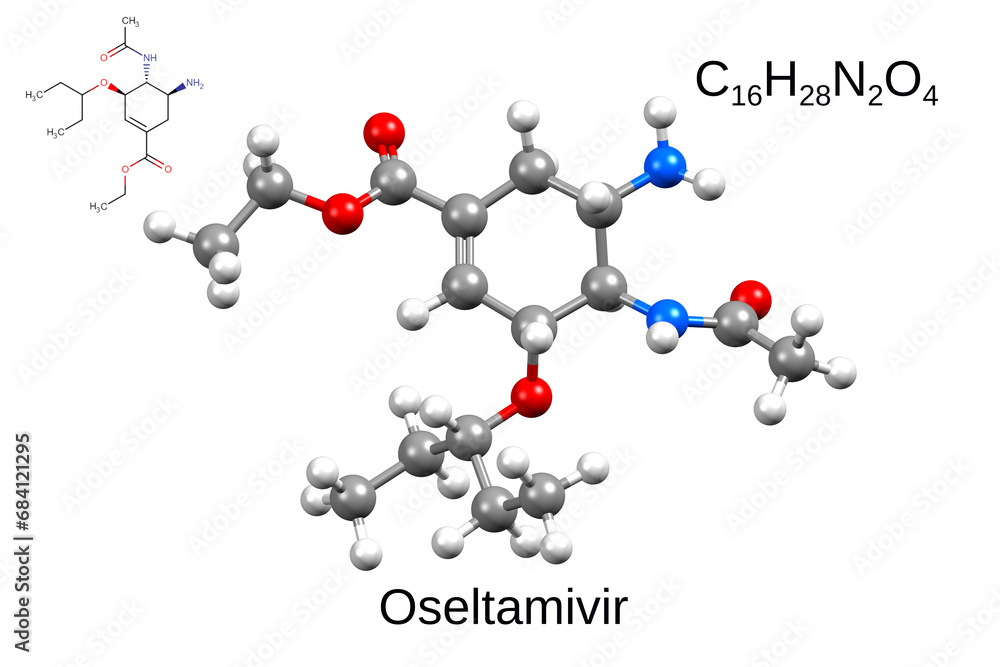 Chemical formula, skeletal formula, and 3D ball-and-stick model of an antiviral drug oseltamivir
