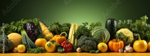 vegetables on green background. Healthy lifestyle. organic raw food. copy space. plant based food consumption. environmentally responsible food choice. banner photo