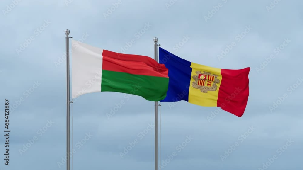Madagascar flag and Andorra flag waving together on cloudy sky, endless seamless loop Madagascar flag and Andorra flag waving together on cloudy sky, endless seamless loop