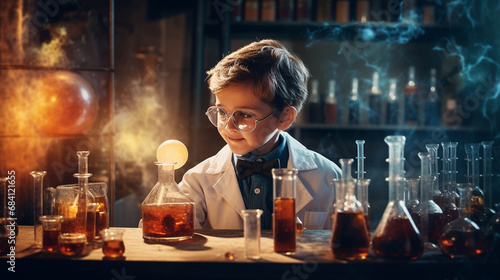 A boy doing experiments in the laboratory. Explosion in the laboratory. Generative AI photo