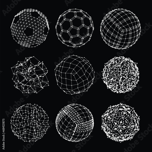 3D sphere mesh grid. Ball or sphere in grid of line. 3D abstract object in wireframe of lines and dots. Vector illustration.