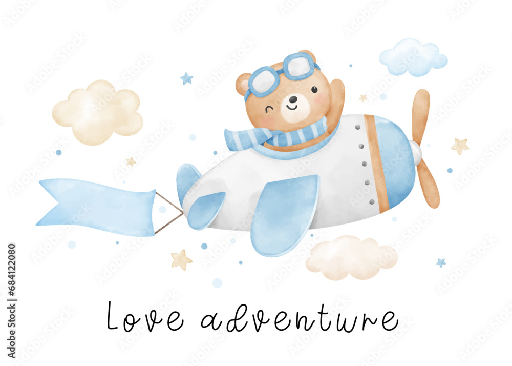 Fototapeta Watercolor cute baby bear flying on airplane For nursery kids Birthday party boy Print for invitation card Poster Template