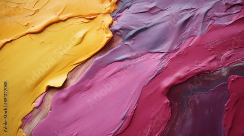 : Close-Up of Oil Paint in Dark Yellow, Dark Pink, and Violet. Playful Color Combinations Blend Sculpted Impressionism with Photorealistic Pastiche photo