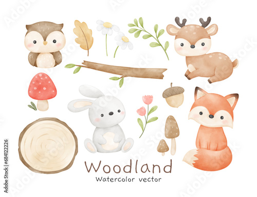 Woodland animal watercolor Fox Deer Bunny Decoration nursery birthday kids Print for invitation card Poster Template