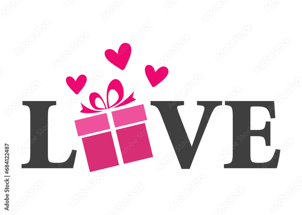 Logo con palabra love con silueta de corazones y caja de regalo con ...