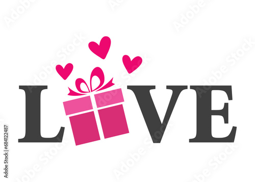 Logo con palabra love con silueta de corazones y caja de regalo con cinta en lugar de letra O para su uso en tarjetas y felicitaciones de Navidad o San Valentín