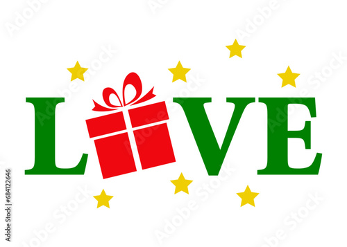 Logo con palabra love con silueta de estrellas y caja de regalo con cinta en lugar de letra O para su uso en tarjetas y felicitaciones de Navidad o San Valentín