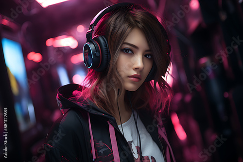 Cyberpunk cute Asian woman portrait futuristic neon style with headphone © River Girl