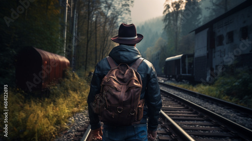 Back view of tourist man. Male backpacker hiking on tracks.Generative AI © Anna