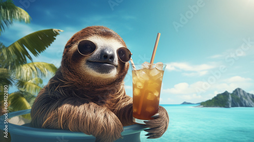 Funny sloth with a cocktail on the background of the sea. Generative AI