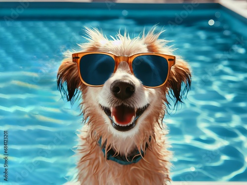 dog in sunglasses in a pool of water