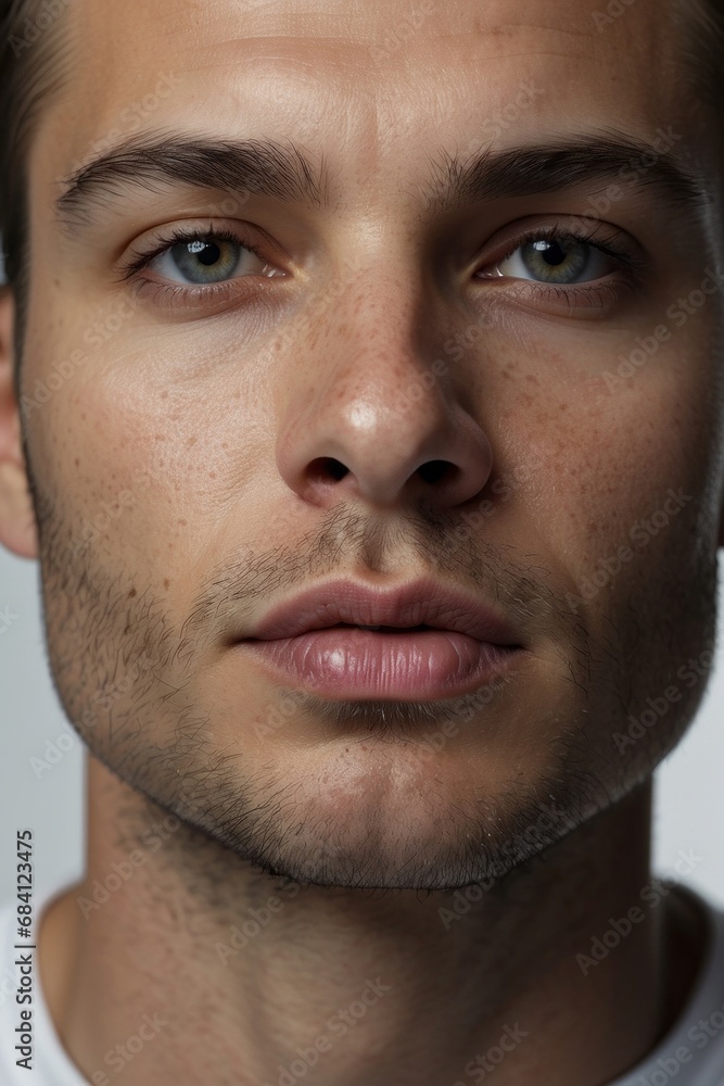 Obraz premium Close-up portrait of a handsome brunette man with stubble on his face, expressive cheekbones, gray eyes, direct gaze into the camera.