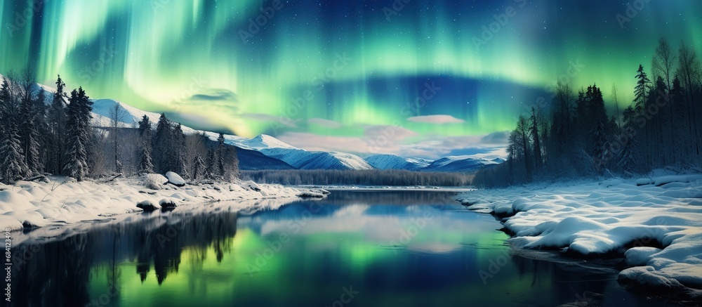 Aurora over the sea and snowy mountains with green cyan lights at night.
