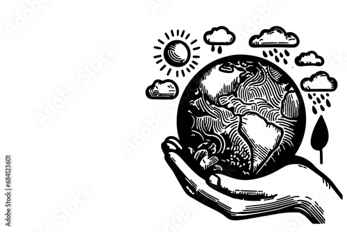 line drawing of two hands holding globe earth or earth planet with growth plant World Plants. Save world environment day concept vector illustration on white Background