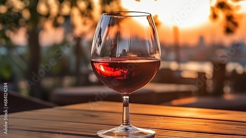 Composition of a red wine glass in a beautiful restaurant. A glass of red wine with a vineyard in the background. Sunset over a beautiful grape farm with a stem glass of red wine standing on a table.