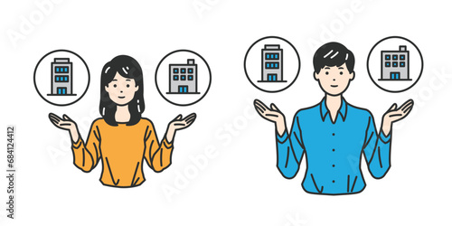 キャリア選択の天秤 - 会社を比較している人物イラスト