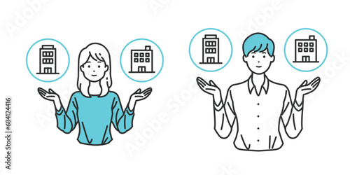 キャリア選択の天秤 - 会社を比較している人物イラスト