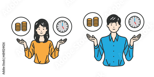 お金と時間を天秤にかけて、タイパを考えているイラスト