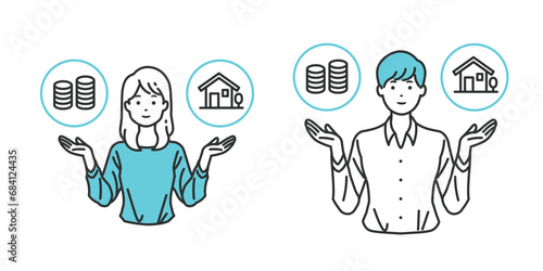 財務選択の天秤 - 貯金と投資のバランスを考える人物イラスト