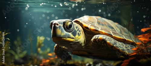 Amazon river turtle wide eyes swimming underwater © Mas