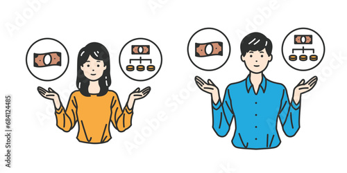 支払い方法の選択 - 一括払いと分割払いの天秤を表している人物イラスト