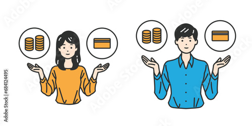 支払い方法の選択 - 一括払いと分割払いの天秤を表している人物イラスト