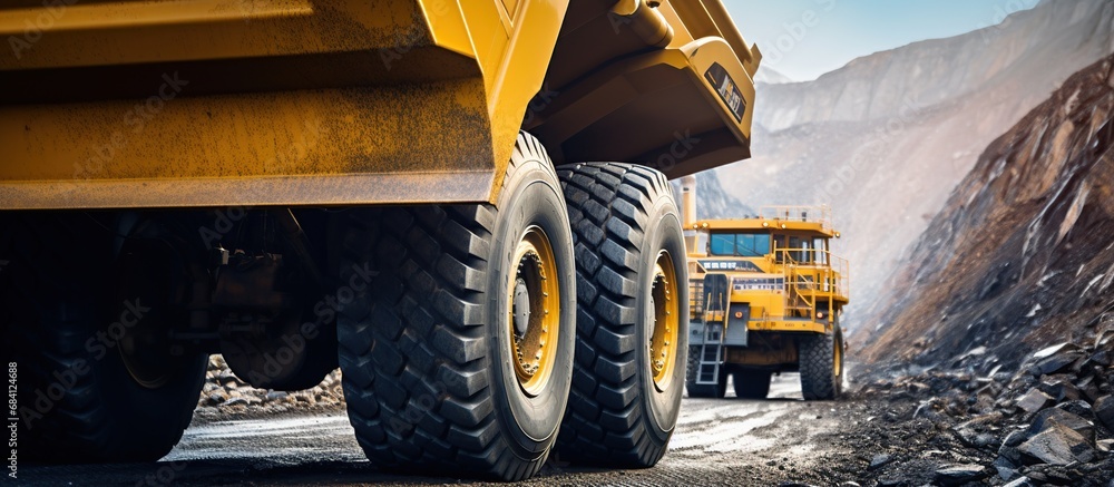 closeup big yellow mining truck for anthracite coal - obrazy, fototapety, plakaty 