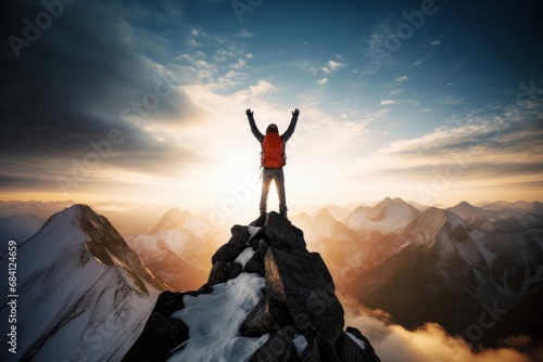 Achieving your dreams concept, with mountain climber celebrating success on top of mountain, illustration, Generative AI 
