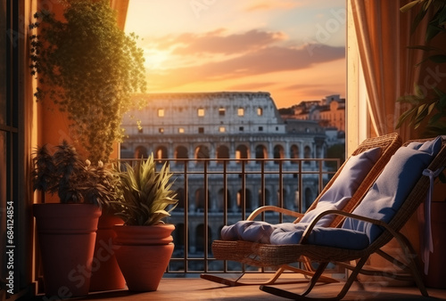 Landscape Scene of Colosseum at the sunset time, view from inside decorate home apartment, window and balcony view, holiday and tourist concept, Generative AI photo