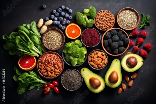 Assortment of Healthy Foods on a Dark Background