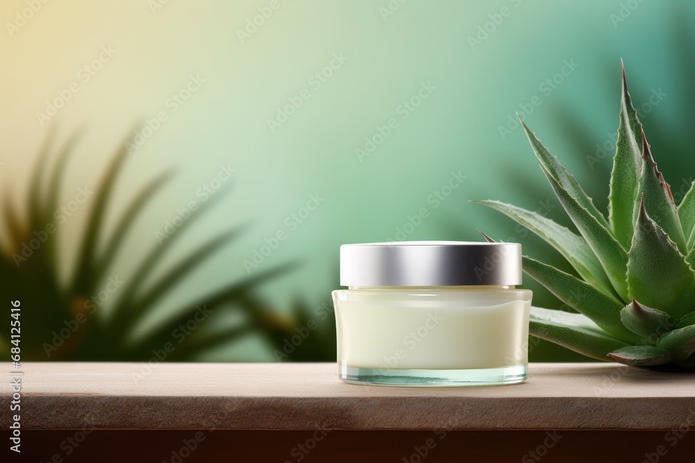 cream blank jar mock up with aloe on light pastel background cream blank jar mock up with aloe on light pastel background
