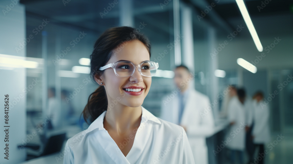 Fototapeta premium Beautiful young woman scientist in modern medical science laboratory