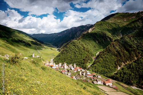 Fantastic view of the village Adishi. Famous tourist attraction. Location place Upper Svaneti, Georgia, Europe. Beauty world. photo