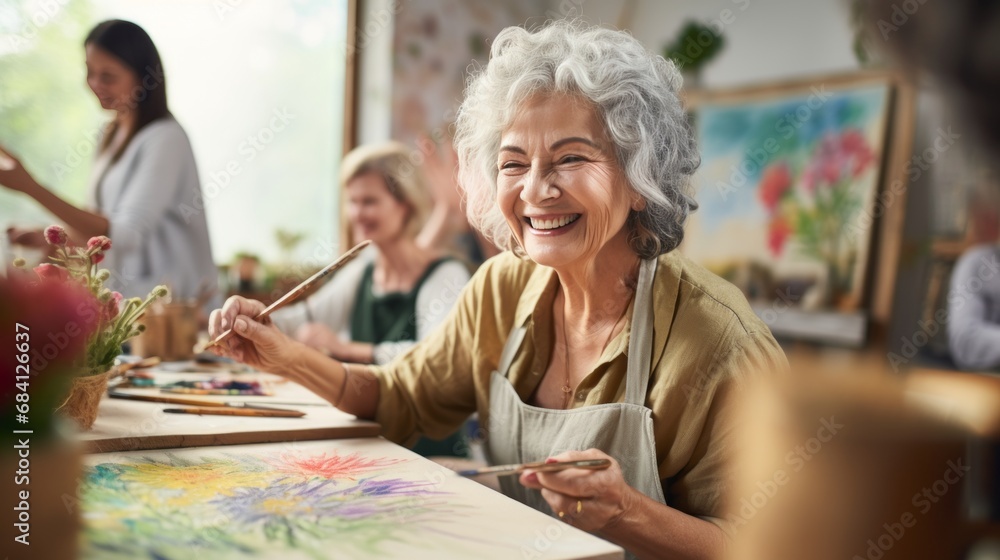 A senior woman, a smiling artist, enjoys painting activities in the studio with her friends in art class. A senior woman, a smiling artist, enjoys painting activities in the studio with her friends in art class.
