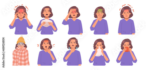 Woman with flu, cold symptoms set. Headache, nausea, runny nose and sore throat, cough. Sick girl