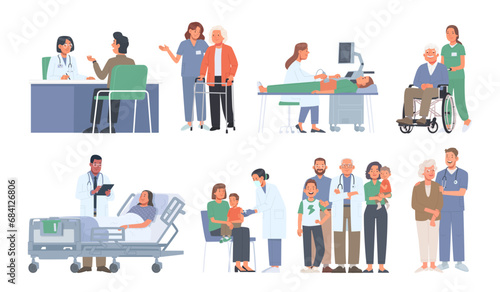 Set of medical care scenes. Doctor and patient, ultrasound examination, caring for the elderly