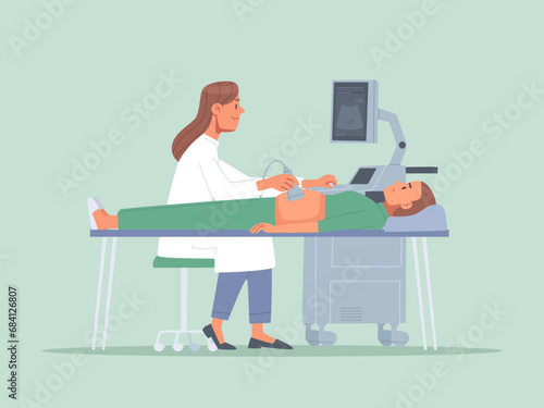 Doctor conducts an ultrasound examination of a pregnant woman. Vector illustration